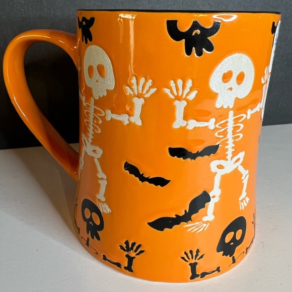 Halloween Ceramic Happy Boo Orange Mug Skeletons Bats Black White - Picture 1 of 6
